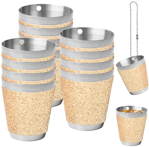 Asfrode 12 x Schnapsgläser Edelstahl Schnapsglas mit Kette, 30ml Schnapsbecher Wiederverwendbare Shotgläser Shot Becher Metall zum Umhängen für Hochzeitsfeiern Karneval Partys (Gold)