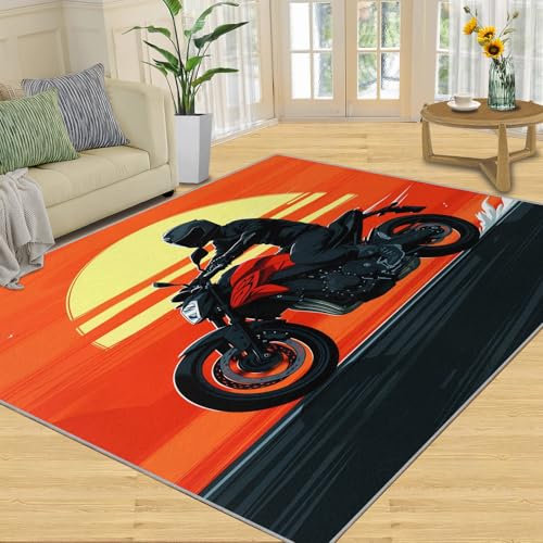 Teppich, 100 X 140 cm, Kreativer Wohnzimmer-Teppich, Motorrad-Rennfahrer-Sonnenuntergang-Teppiche Für Schlafzimmer, Weicher, Rutschfester Akzentteppich Für Den Innenbereich, Maschinenwaschbar Für
