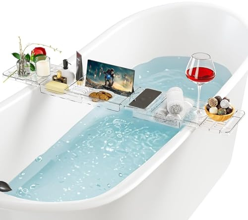 UVVRUR Plateau de baignoire réglable en plastique transparent avec évacuation de l'eau pour tablette et livres