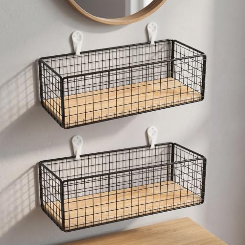 2-Pack Vintage Black Metal & Wood Baskets 25x10x8cm Wall-Mountable Organizer,Rustic Kitchen,Bathroom,Living Room Decor,Minimalist Hanging Shelf for Plants,Books,Toiletries (Black)