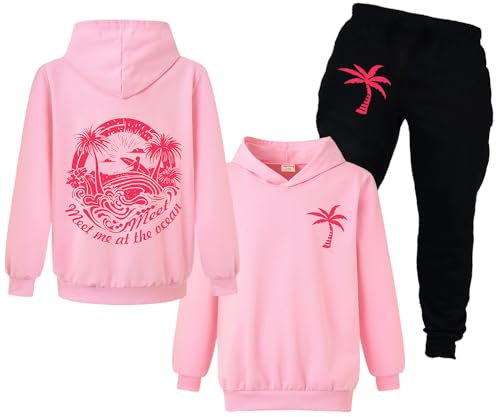 Xpialong Pink Girls Hoodie and Trousers 2 Pcs Cotton Tops Tracksuits for Unisex Kids (Pink,11 Years)