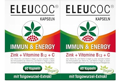 Eleucoc Immun & Energy Powerkapseln | Für mehr Leistunsgfähigkeit | Doppelpack für 2 Monate, Mit Zink, B12 & Vitamin C, Mit Taigawurzel, Für Immunsystem & Energie, Vegan, Glutenfrei