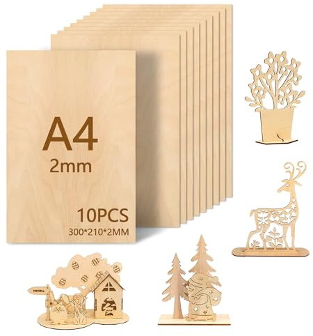 Leseed Sperrholzplatte A4 2mm 300x210mm, 10 Stück Linde Holzplatte, Holzplatten zum Basteln für DIY Holzarbeiten, Laserbearbeitung, Brandmalerei, Modellbau, Geschenke, Deko, Gemälde