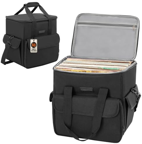 Valveric Vinyl Record Carrying Bag, LP Storage Case Holds 60 Records (7/10/12 Inch), Water-Resistant Vinyl Record Holder with Removable Dividers, Travel LP Case for Albums, DJs, Collectors (Bag Only)