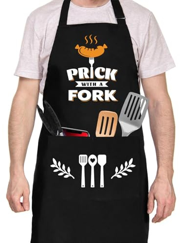Tarklanda BBQ Grill Apron for Men, Funny Cooking Aprons with 2 Pockets, Adjustable Chef Apron, Birthday, Christmas Gifts for Men, Husband, Dad, Son, Boyfriend, Grandad, Grandpa, Black(With a Fork)