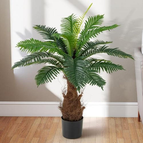 TANGZON Artificial Cycas Palm Tree, Faux Areca Tree in Pot with 19 Leaves & Realistic Palm Fiber, 106cm Indoor Outdoor Decorative Evergreen Potted Fake Plants for Home Office Porch Garden (1)