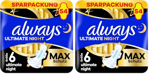 Always Damenbinden Ultimate Night (Größe 6) Mit Flügeln 54 Stück, Super Saugfähig, Für Die Periode (Packung mit 2)