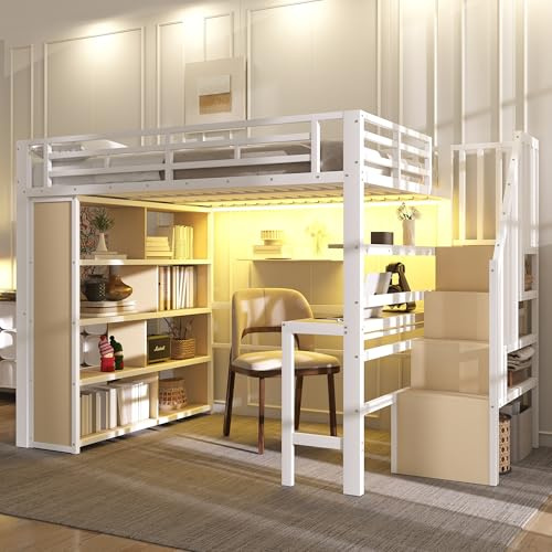 Su & Chan Legence Hochbett 140 x 200cm, Metallbett mit Schreibtisch, Stauraum Treppe, Ablagefach und LED-Lichtleiste, Ohne Matratze, Weiß