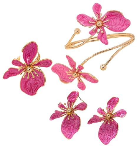 KBRPEY Set di Gioielli Floreale 3 Pezzi Bracciale Anello e Orecchini a Forma di Fiore per Party Occasioni Speciali Vita Quotidiana