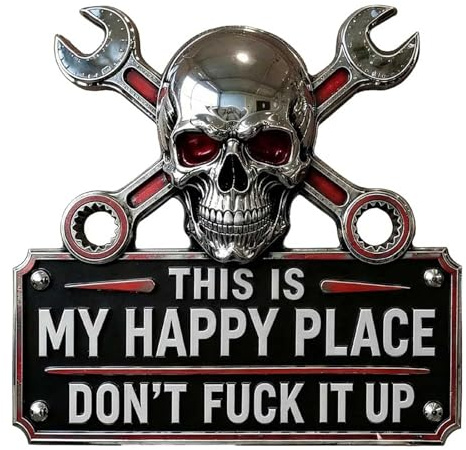 This Is My Happy Place Garage Wall Sign, This Is My Happy Place Don’T F*Ck It Up Metal Wall Art Sign, Skull & Crossed Wrenches Garages Door Hanging Decor for for Man Cave, Mechanic Tool Room (12in)