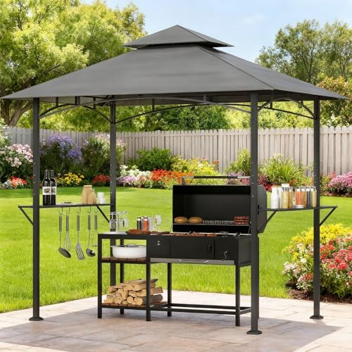 Grillpavillon mit Doppeldach, Seitenregalen, Haken und Flaschenöffner, Grillüberdachungen wetterfest, Grillunterstand Outdoor für Garten BBQ Camping, Außenbereich, 244 x 151 x 260 cm (Grau)