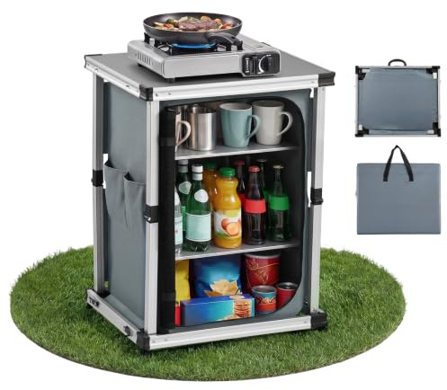 VEVOR Folding Camping Storage Cabinet, Outdoor Portable Aluminum Lightweight Table, Quick Set-up Compact Kitchen Cook Station, with 3 Shelves and Carry Bag, for Picnic, BBQ, Camping, RV Traveling