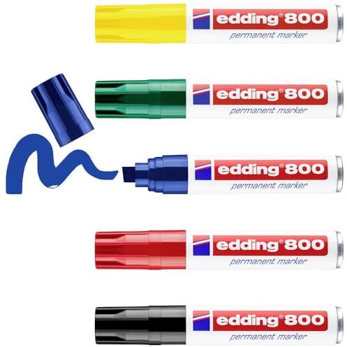 edding 800 permanent marker - multi-coloured - 5 pens - chisel tip 4-12 mm - for bold markings - waterproof, quick-drying, smear-proof pens - for cardboard, plastic, wood, metal, glass and fabric