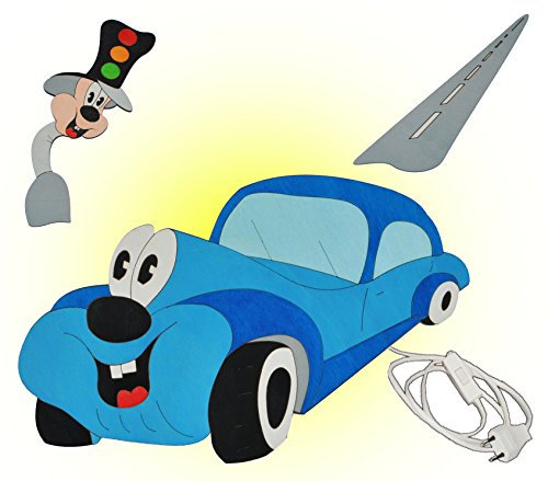 alles-meine.de GmbH Wandlampe aus Holz - blaues Auto mit Ampel - Lampe mit Schalter für Kinder - Kinderzimmer Kinderlampe Wandleuchte mit Stecker/Nachtlicht/Schlummerlicht fü..