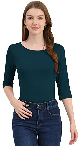 Allegra K Women's Elbow Sleeves Top Casual Boat Neck Slim Fit Stripe T-Shirt Dark Green 16