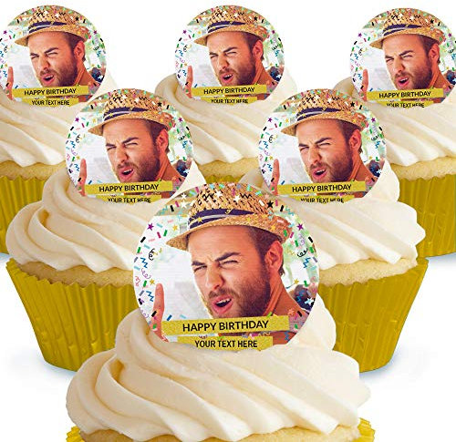 Cakeshop 12 x 4cm Happy Birthday Celebration Photo Upload Custom Personalised Edible Photo Cake Toppers Decorations - Precut Premium Wafer Paper