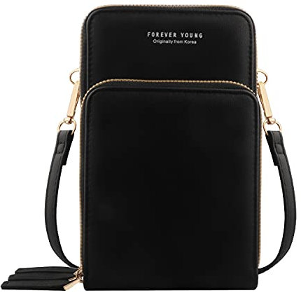 Fangoo Klein Handy Umhängetasche, Damen Kleine Handy-Geldbörse mit 3 Reißverschluss, PU Leder Crossbody Kartenhalter Geldbörse, Umhängetasche mit verstellbarem Riemen Kreditkartenfächer