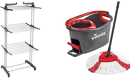 Amazon Basics Séchoir Tour d'intérieur avec Ailes Pliantes & Vileda Easy Wring & Clean Turbo Balai à Frange + Seau à pédale - Set Complet