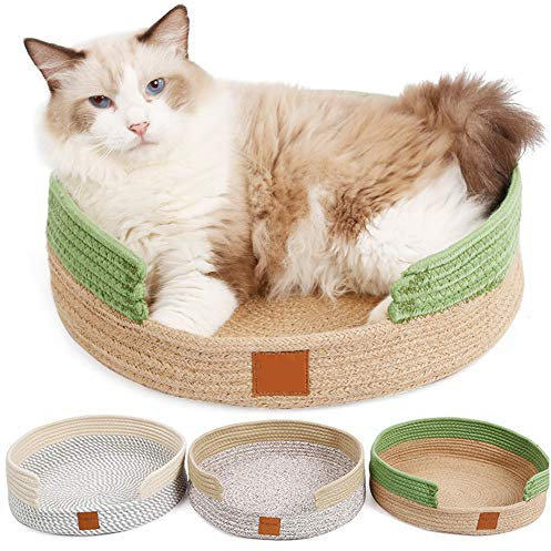 PJDDP Katzenbett Rund, Bequemes Katzennest Kratzbrett Katzenkorb Katzensofa, Hand Stricken Baumwolle Sommer Katze Kratzen Katzenhöhle Für Alle Katzen Und Kleine Hunde,Grün
