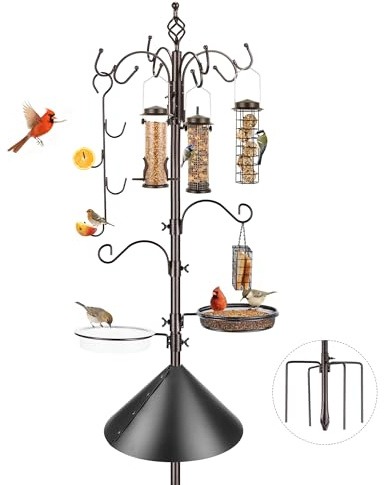 Bird Feeding Station Kit with Squirrel Baffle Bird Feeder Pole with Suet Cage Mesh Tray Fruit Hook Double W Hook for Attracting Wild Birds and Hanging Planter Hanger Lights