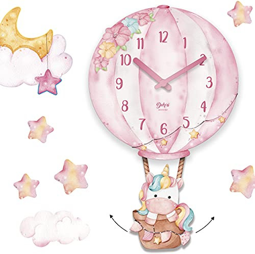 DEKORI Orologio in legno (hdf) mongolfiera con pendolo. Adesivi da parete inclusi. Decorazione cameretta. Made in italy.