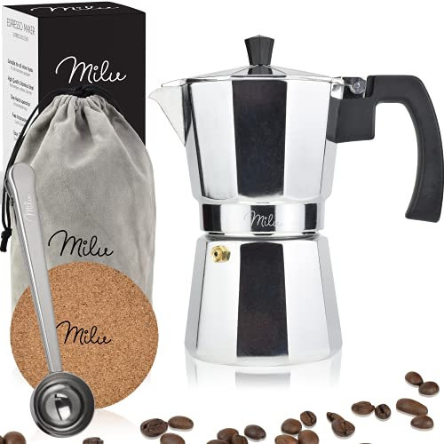 Milu Espressokocher (No Induktion) | 2, 3, 6, 9 Tassen | Aluminium Mokkakanne, Espressokanne, Espresso Maker Set inkl. Untersetzer, Löffel, Bürste (Aluminium, 9 Tassen (400ml)