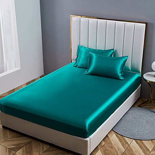 Damier Spannbettlaken 180x200cm Türkis Satin Seide Glänzend Bettlaken Hochwertiges Deluxe Unifarben Spannbetttuch, geeignet für Matratzen bis 30cm