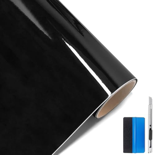 NewL Film Vinyle Noir Brillant Autocollant pour Voiture, 30 cm x 300 cm | Finition brillante, outil inclus, canaux anti-bulles, souple et extensible, adapté aux voitures, motos, meubles et casques
