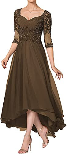KURFACE Mutter der Braut Bräutigam Kleid High Low Perlen Hochzeitsgäste Abendkleider, braun, 46