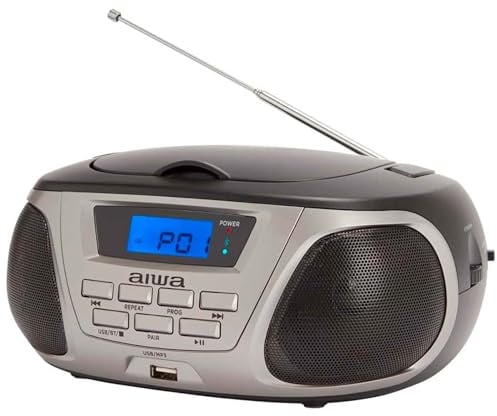 Aiwa BBTU-300TN Reproductor de CD Portátil, Radio CD (Radio FM, tecnología Hyperbass, Entrada de Audio, Bluetooth, USB). Color: Titanio