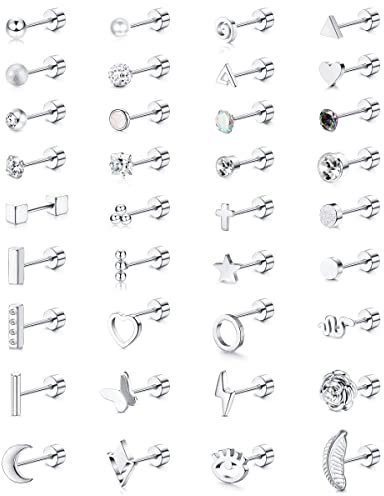 ADRAMATA 36 Pcs Boucles D'oreilles à Vis pour Femmes Hommes en Acier Inoxydable Petite Boucles D'oreilles Petite Vis Retour Barbell Flatback Boucles D'oreilles Helix Tragus Cartilage Piercing Bijoux
