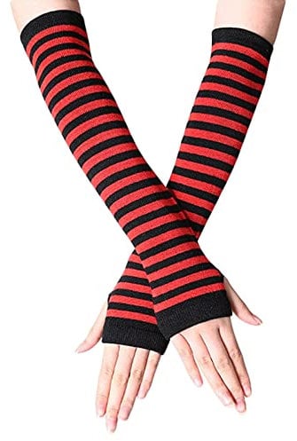 B-HOT Warme fingerlose Handschuhe, dehnbar, gestrickt, Daumenloch, Sonnenschutz, lange Arme, gestreift, rot / schwarz, One size