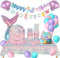 YIMAKJ Meerjungfrau Partygeschirr Set, Geburtstag Party Geschirr, Pappteller Kindergeburtstag Set mit Luftballons Tischdecken Tassen Servietten für Meerjungfrau Deko Kindergeburtstag Babyparty
