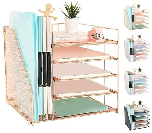 AUPSEN Schreibtisch-Organizer mit Aktenhalter, 5 Ablagen, Papier-Briefablage, Netz-Schreibtisch-Organizer und Zubehör für Home Office (Roségold)