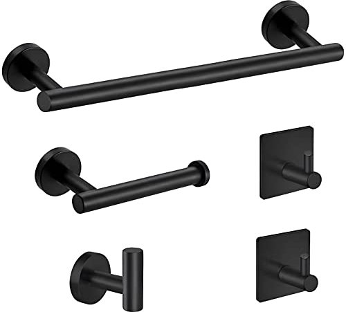 yozhch Towel Rail Set for Bathroom, Towel Rail and Toilet Roll Paper Holder Wall Mounted, 3 Towel Robe Hooks, 5 Pcs Stainless Steel Bath Hardware Accessories 40cm Towel Bar Kit (Matte Black)