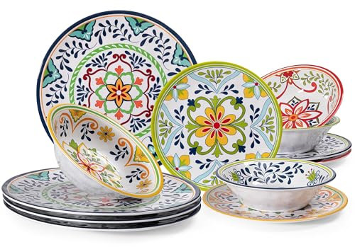 ZAROCRUS Talavera - Set di stoviglie in melamina, 12 pezzi, per 4 piatti e ciotole in melamina, infrangibili, ideale per camper, campeggio, senza BPA e lavabile in lavastoviglie