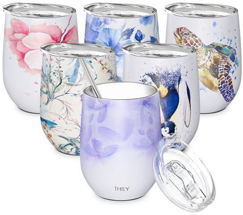 THILY Isolierter Weinbecher aus Edelstahl Weinglas ohne Stiel mit Deckel und Strohhalm, spritzwassergeschützt, niedlicher Reisebecher für Kaffee, Cocktails, violette Blätter