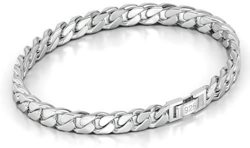 Jewellbox Mens Solid s925 Sterling Silver Cuban Link Chain Bracelet with Secure Clasp 7mm (22cm)