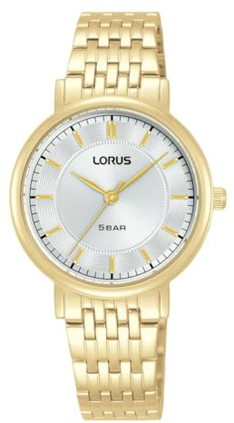 Lorus Damenuhr mit 3 Zeigern, wasserdicht bis 5 ATM, Armband aus Stahl mit runder Form, spiegelt Ihren Stil mit Präzision und Langlebigkeit wider, gold, Armband