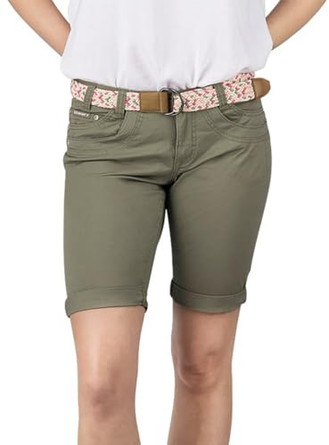 DENIMFY DFPia Bermuda pour femme avec ceinture Coupe droite Pantalon chino d'été stretch Uni Blanc Beige Rose Bleu Olive Marine S M L XL XXL