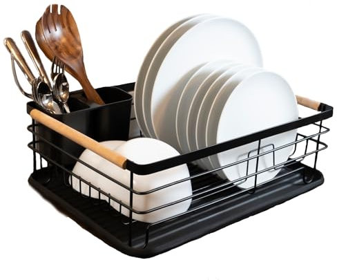 slashX | Abtropfgestell/Abtropfständer für Geschirr, mit herausnehmbarem Tablett & abnehmbaren Besteckhalter, schwarz mit Holzgriff (42×32×15 cm)
