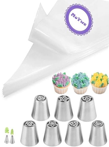 Flower Piping Nozzles with Bags,7 Pcs Russian Piping Tips Set Flower Frosting Nozzles Rose Tulip Tips & 2 Leaf Nozzles & 20 Disposable Piping Bags 12 inch for Frosting Cupcake Cake