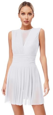 iEFiEL Damen Glitzer Eiskunstlauf Kleid Rückenfrei Tanzkleid Tanzanzug Ärmellose Trikotanzug Gymnastikanzug Tanzbody Weiß M