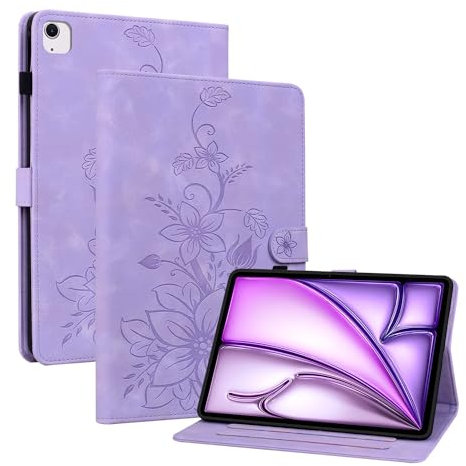 Unichthy Case for iPad Air 13 inch (M3 2025 /M2 2024) for Women with Pencil Holder Shockproof Lily Floral Embossed Stand Cover for 2024/2025 13-inch iPad Air Purple