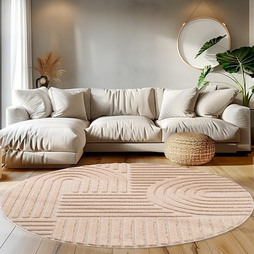 Teppium Tapis Salon Moderne Rose 160 cm Rond - Style Scandinave, Conception Bohème Moelleux - Tapis Cuisine Moquette Salle de Sejour