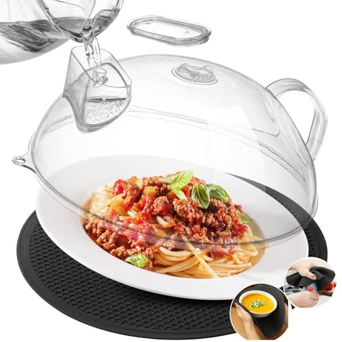 MAGJIUKE Microwave Splatter Cover for Food, Clear Microwave Lid with Water Steamer, Integrated Handle, Splatter Guard, 10” Plate Covers & 12 Mat, BPA-Free, Essential Kitchen Gadgets and Accessories