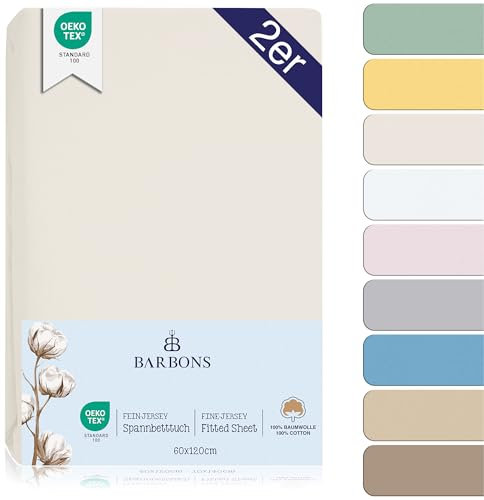 BARBONS Spannbettlaken für Baby/Kinderbett - 100% Jersey-Baumwolle Oeko-TEX Standard 100 Zertifiziert 60x120cm Bettlaken für Babybett (Ecru - 2er)