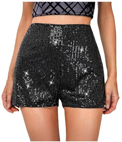 Pailletten Shorts für Damen, hoch taillierte, elastische gerade geschnittene Hotpants mit glänzendem Bein, sexy funkelnde Rave-Shorts mit Glitzer für Partys und Konzerte lässige lockere Hotpants