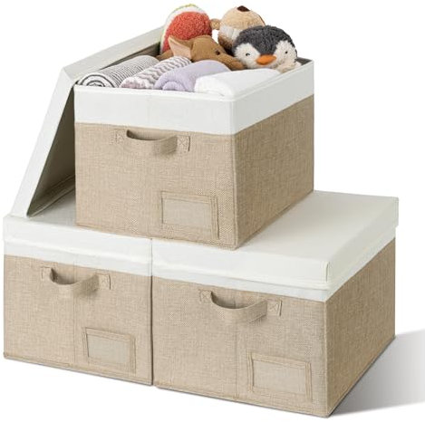 GRANNY SAYS Extra Large Khaki Storage Boxes with Lids, Pack of 3, Wardrobe Storage Bins, Foldable Storage Box for Bedroom Organising Clothes Toys