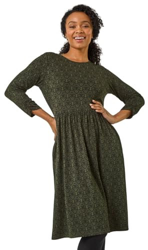 Roman Stretch Dress with Pockets for Women UK - Ladies Jersey Gathered Waist Spring Summer Knee Length Smart Casual Work Cocktail Party Going Out Fit & Flare Dinner - Petite Khaki - Size 18